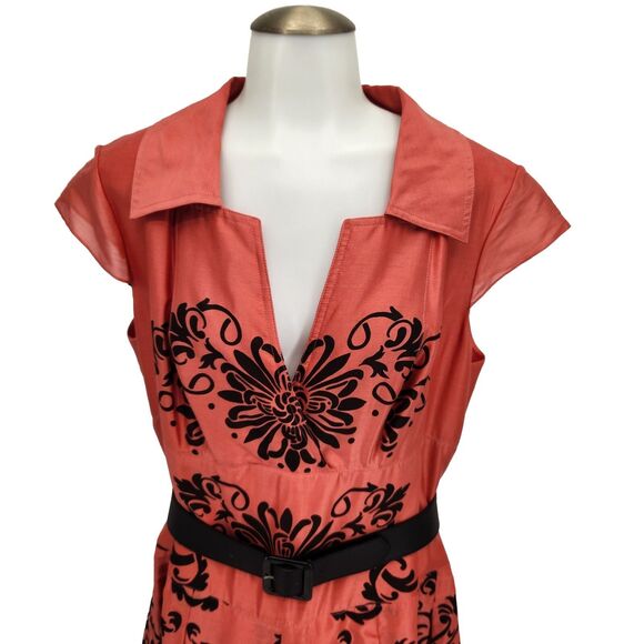 New Kay Unger Womens Midi Fit Flare Dress Coral Silk Blend Embellished Size 14 - Picture 2 of 6